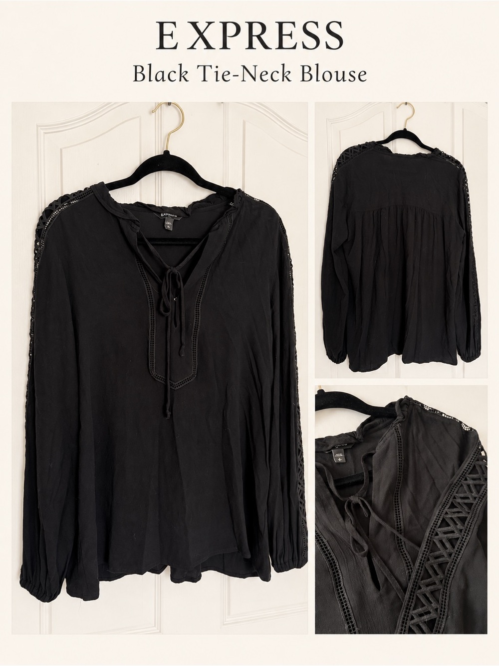 Express Black Tie-Neck Lace-Trim Peasant Blouse